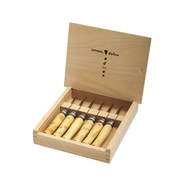 Набор в деревянной коробке из 6 ножей Opinel №7 Nature, нержавеющая сталь, рукоять самшит, гравировк, 001555 001555 от прозводителя Opinel