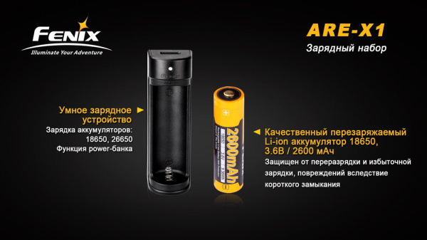 Набор для зарядки Fenix (аккумулятор 1*18650, зарядка, USB кабель), ARE-X12016 ARE-X12016 от прозводителя Fenix
