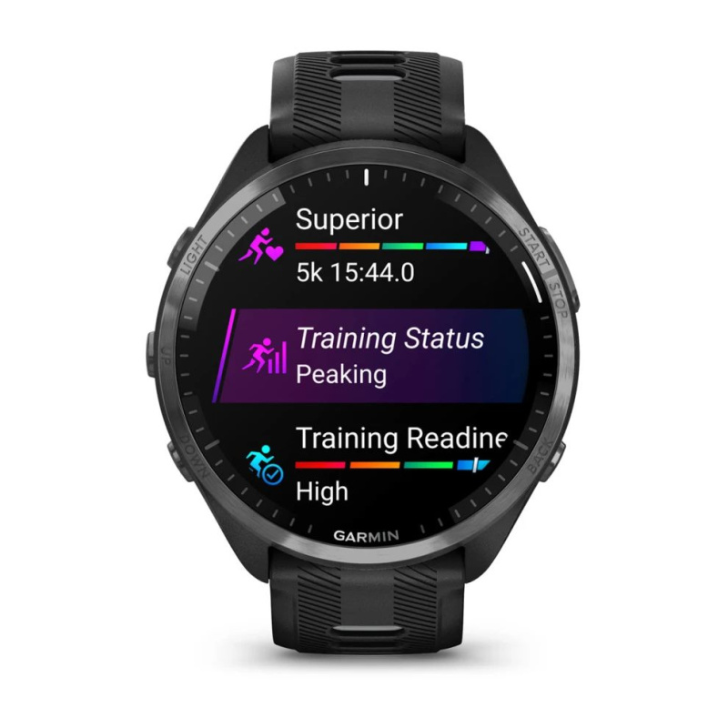 Garmin Forerunner 965 - | Carbon Grey DLC Titanium Bezel with Black Case and Black/Powder Grey Silicone Band